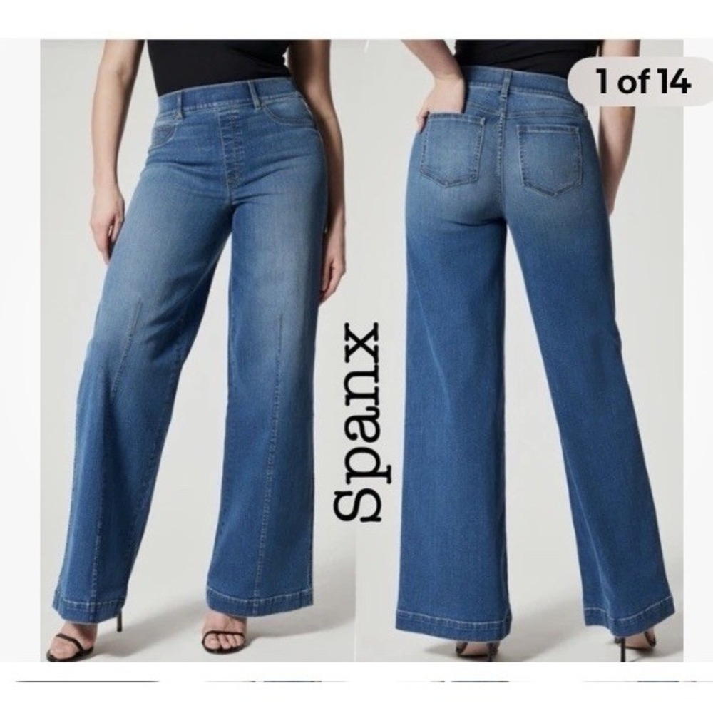 Spanx EveryWear‎ Seamed-Front Wide Leg Jeans Sz L Blue Vintage Indigo Pull On